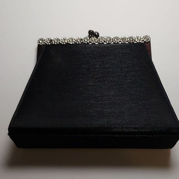 Vintage Black Evening Bag Fabric Kisslock With Rhinestones - Picture 6 of 14